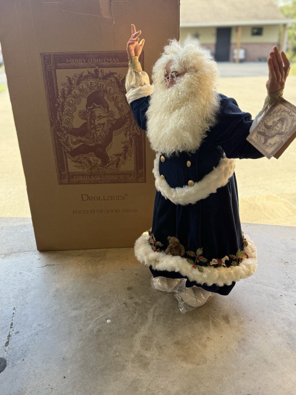 Large 27" Vintage Drolleries Blue Velvet Father Christmas Santa Greeter W/ Box